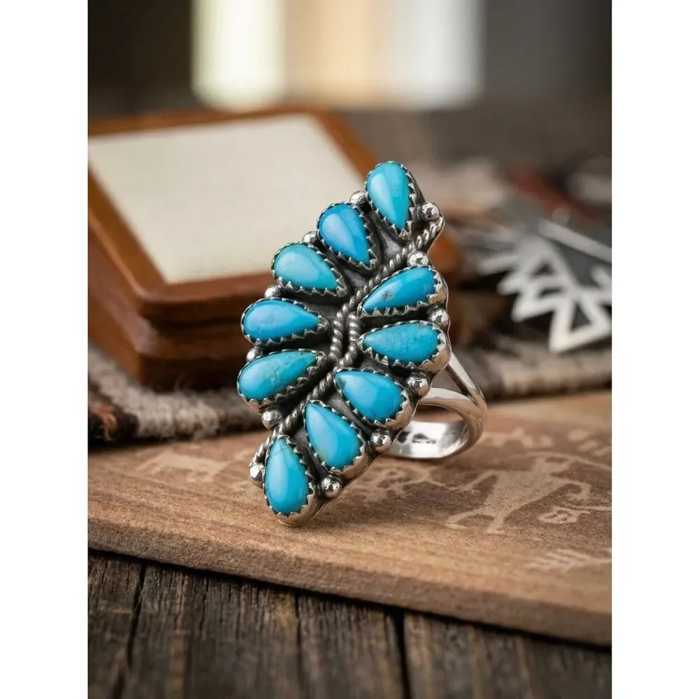 Kingman Turquoise 925 Sterling Silver Ring Statement Southwestern Cluster Size 6